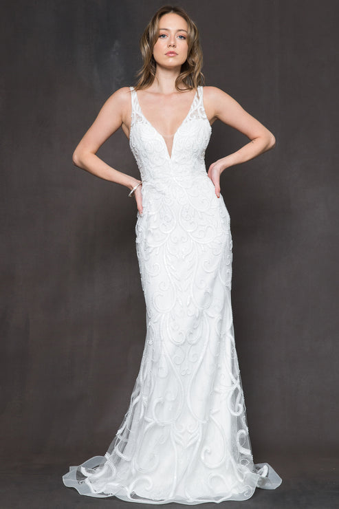 Deep V-Neck Embellished Trumpet Gown